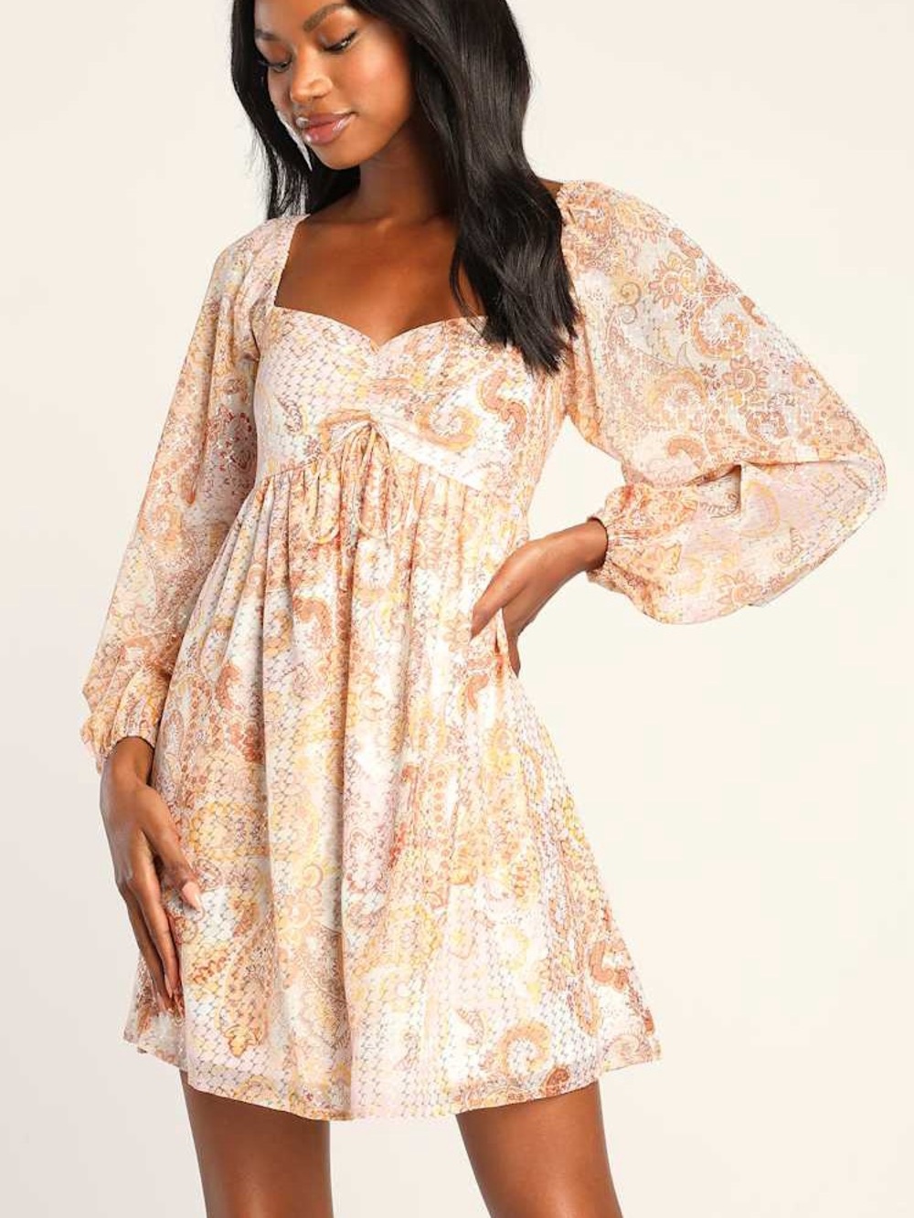 S Lulu’s Radiant Suggestion Light Orange Paisley Babydoll Mini Dress Fall/Autumn
